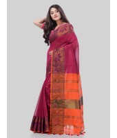 DESH BIDESH Women`s Tant Cotton Silk Handloom Cotton Saree Pushpomala With Blouse Piece(Pink Orange)